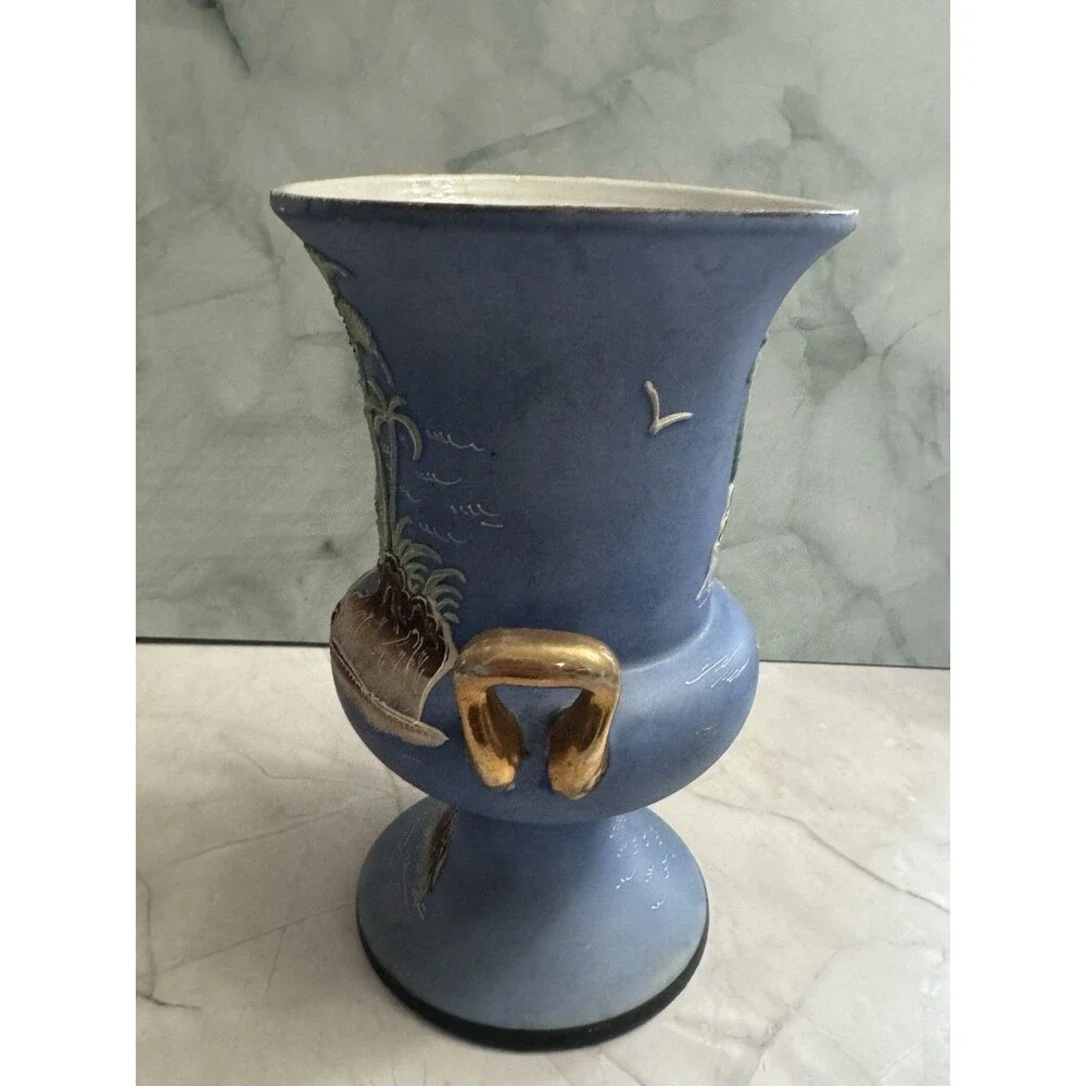 Vintage Japan Blue Ceramic Vase Elephant Handles Pagoda Landscape Hand Painted